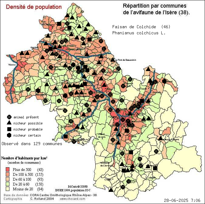 Faisan de Colchide (Phanianus colchicus L.): carte de rpartition en Isre