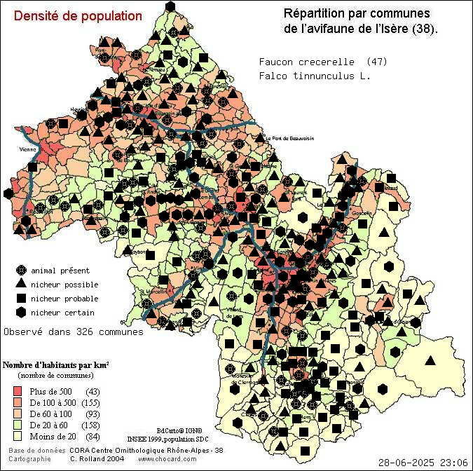 Faucon crcerelle (Falco tinnunculus L.): carte de rpartition en Isre