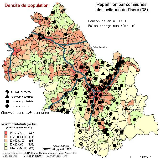 Faucon plerin (Falco peregrinus (Gmelin)): carte de rpartition en Isre