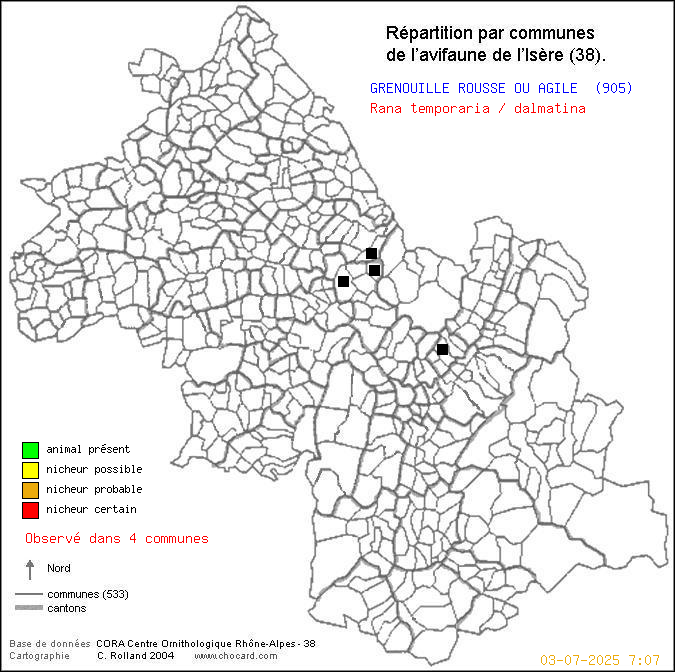 Carte de rpartition par communes en Isre d'une espce d'animal: GRENOUILLE ROUSSE OU AGILE (Rana temporaria / dalmatina) selon Communes et cantons