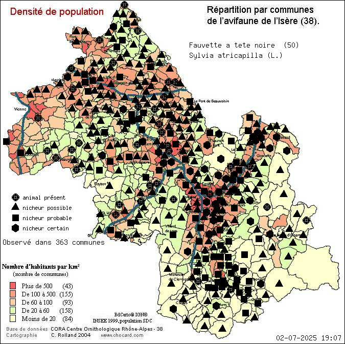 Fauvette  tte noire (Sylvia atricapilla (L.)): carte de rpartition en Isre