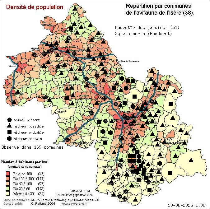 Fauvette des jardins (Sylvia borin (Boddaert)): carte de rpartition en Isre