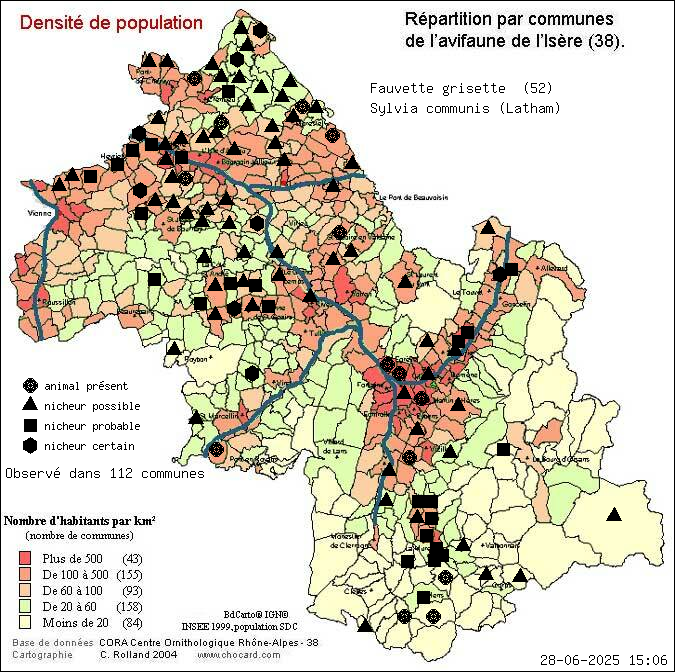 Fauvette grisette (Sylvia communis (Latham)): carte de rpartition en Isre