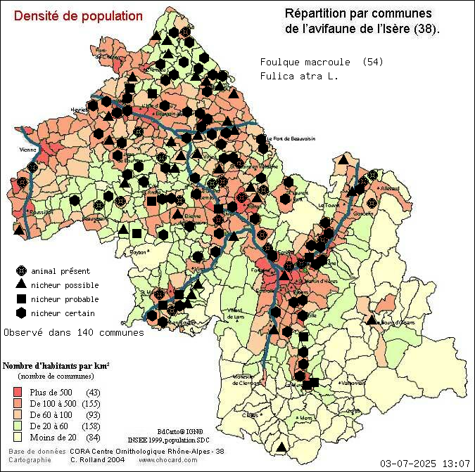 Carte de rpartition par communes en Isre d'une espce d'animal: Foulque macroule (Fulica atra L.) selon Densit de population