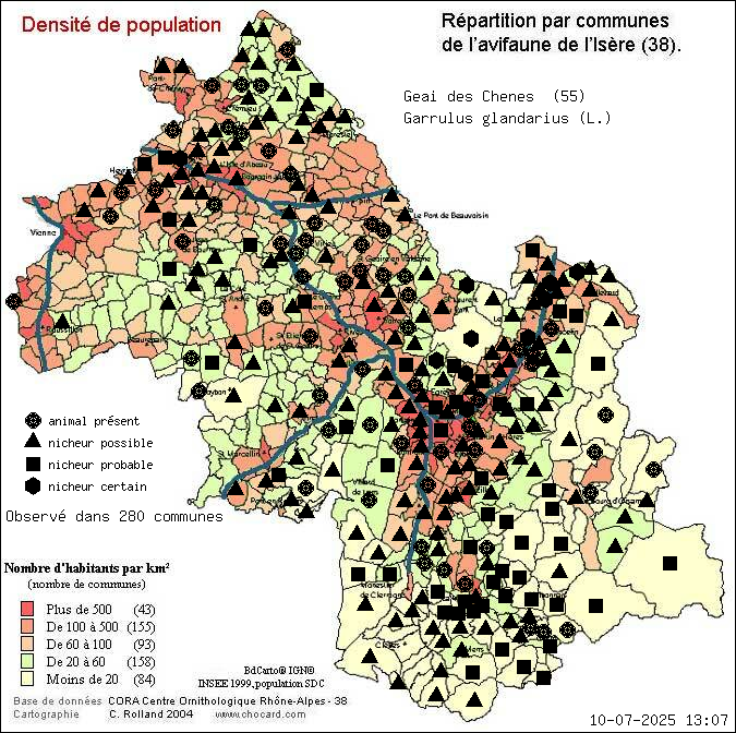 Geai des Chnes (Garrulus glandarius (L.)): carte de rpartition en Isre