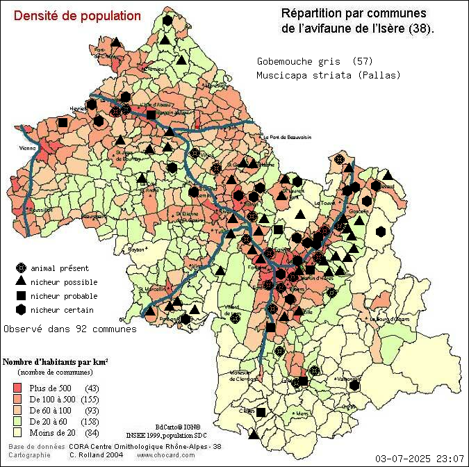 Carte de rpartition par communes en Isre d'une espce d'animal: Gobemouche gris (Muscicapa striata (Pallas)) selon Densit de population