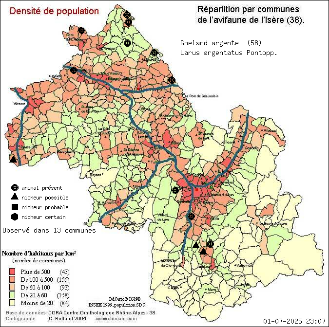 Carte de rpartition par communes en Isre d'une espce d'animal: Goland argent (Larus argentatus Pontopp.) selon Densit de population