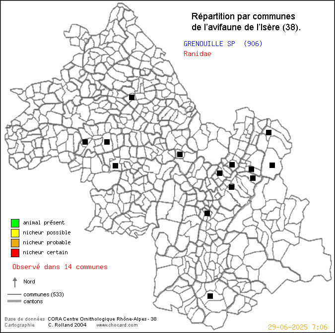 Carte de rpartition par communes en Isre d'une espce d'animal: GRENOUILLE SP (Ranidae) selon Communes et cantons