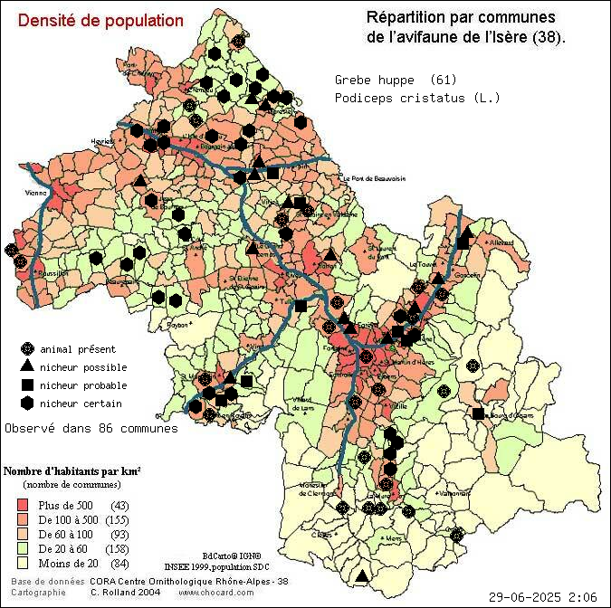 Grbe hupp (Podiceps cristatus (L.)): carte de rpartition en Isre