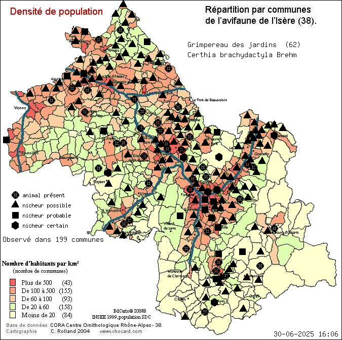 Grimpereau des jardins (Certhia brachydactyla Brehm): carte de rpartition en Isre