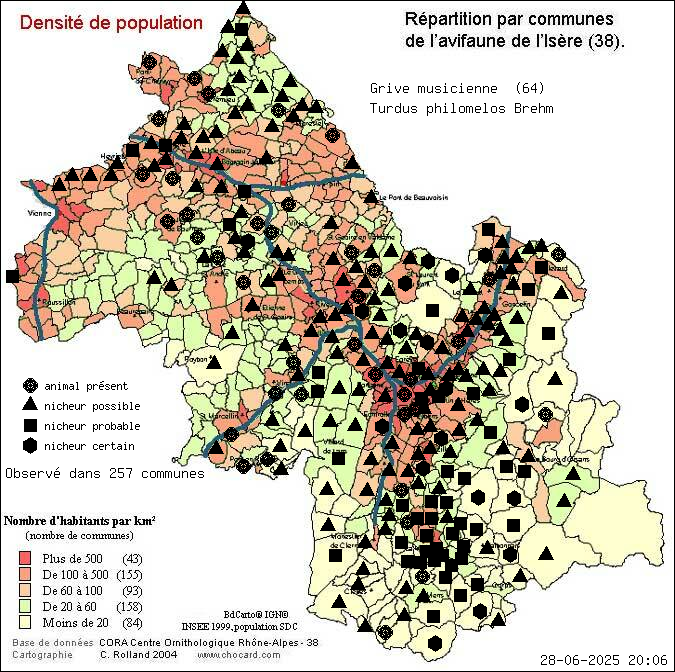 Grive musicienne (Turdus philomelos Brehm): carte de rpartition en Isre