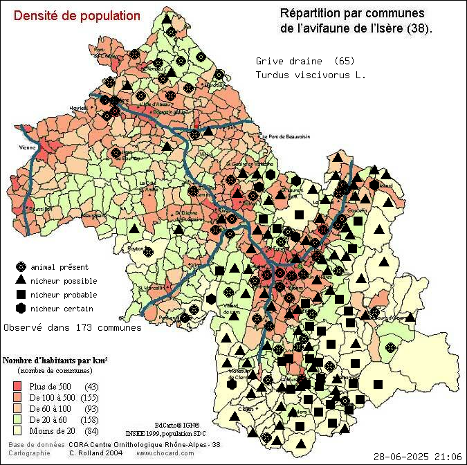 Grive draine (Turdus viscivorus L.): carte de rpartition en Isre