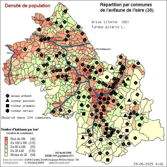 Grive litorne (Turdus pilaris L.): carte de rpartition en Isre