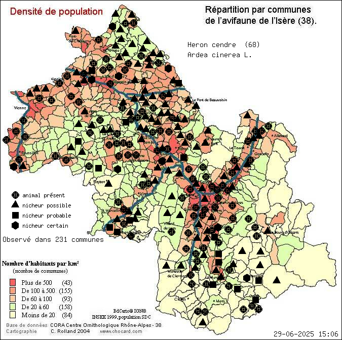 Hron cendr (Ardea cinerea L.): carte de rpartition en Isre