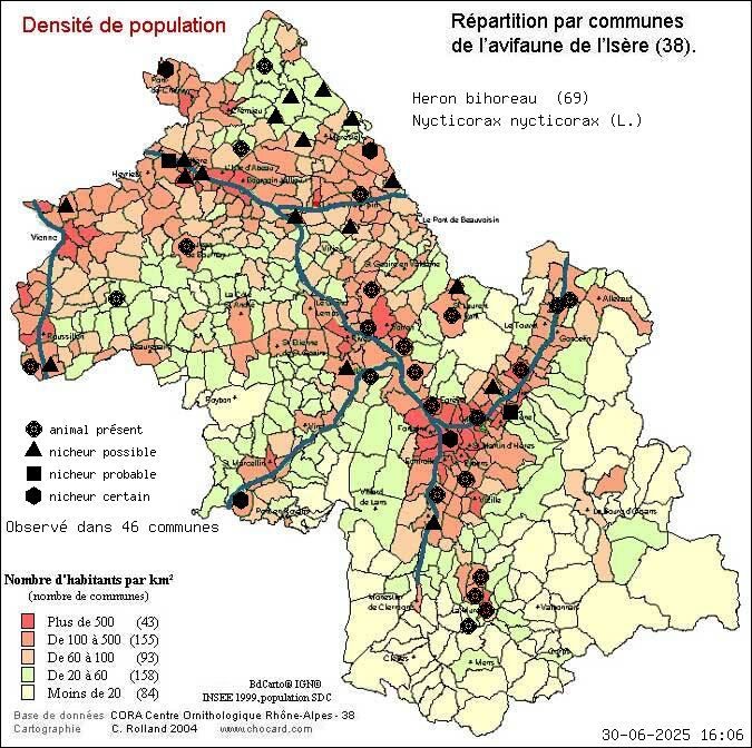 Hron bihoreau (Nycticorax nycticorax (L.)): carte de rpartition en Isre