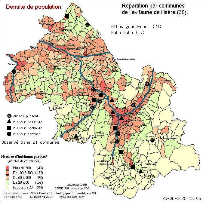 Hibou grand-duc (Bubo bubo (L.)): carte de rpartition en Isre