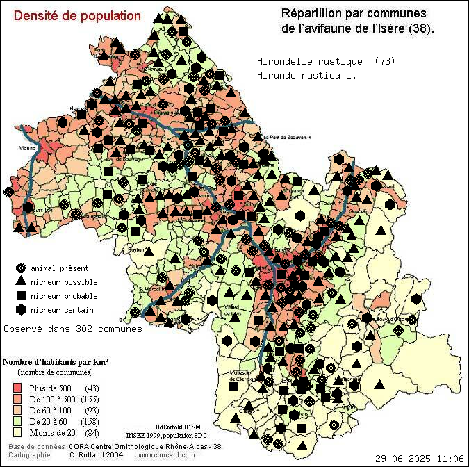 Hirondelle rustique (Hirundo rustica L.): carte de rpartition en Isre