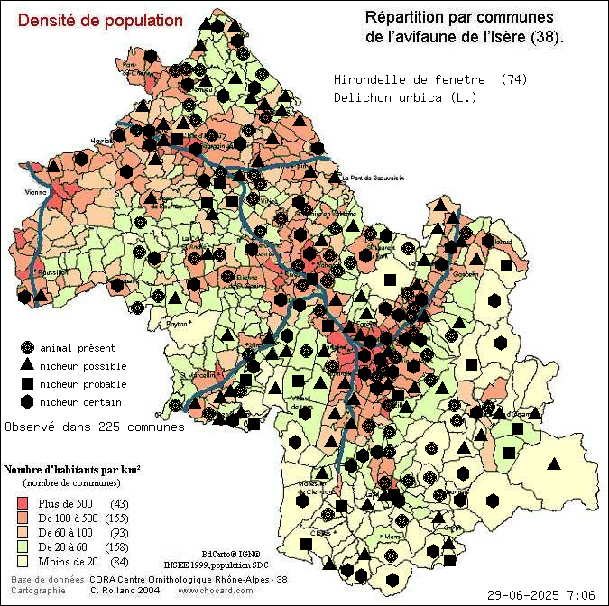 Hirondelle de fentre (Delichon urbica (L.)): carte de rpartition en Isre