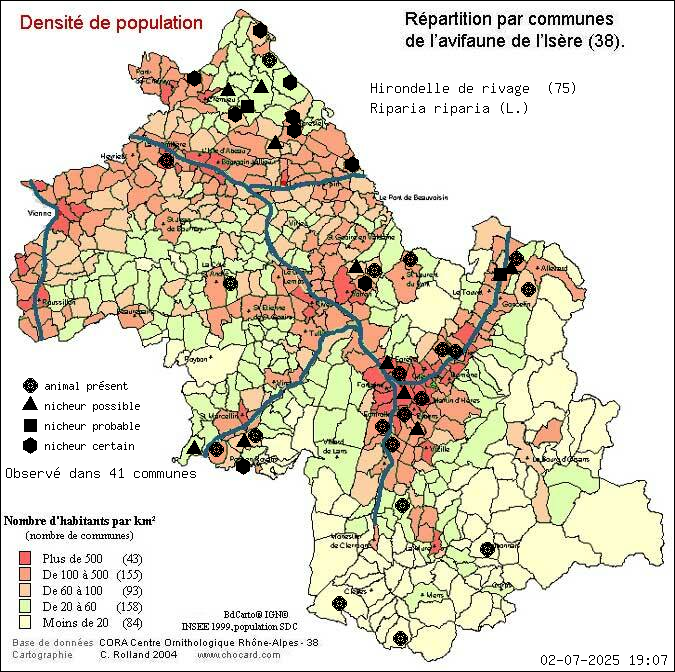 Carte de rpartition par communes en Isre d'une espce d'animal: Hirondelle de rivage (Riparia riparia (L.)) selon Densit de population