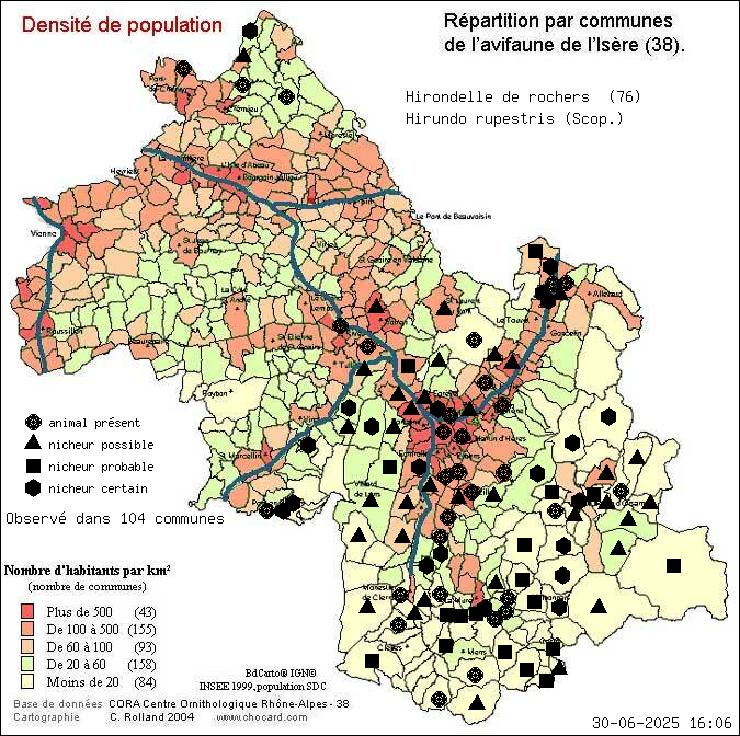 Hirondelle de rochers (Hirundo rupestris (Scop.)): carte de rpartition en Isre