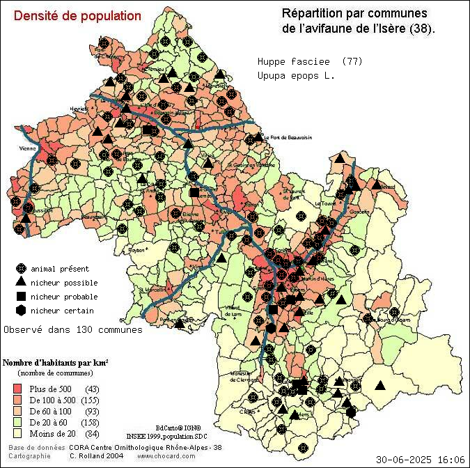 Huppe fascie (Upupa epops L.): carte de rpartition en Isre