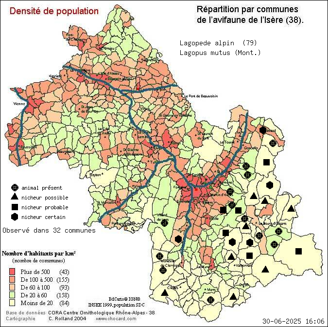 Lagopde alpin (Lagopus mutus (Mont.)): carte de rpartition en Isre