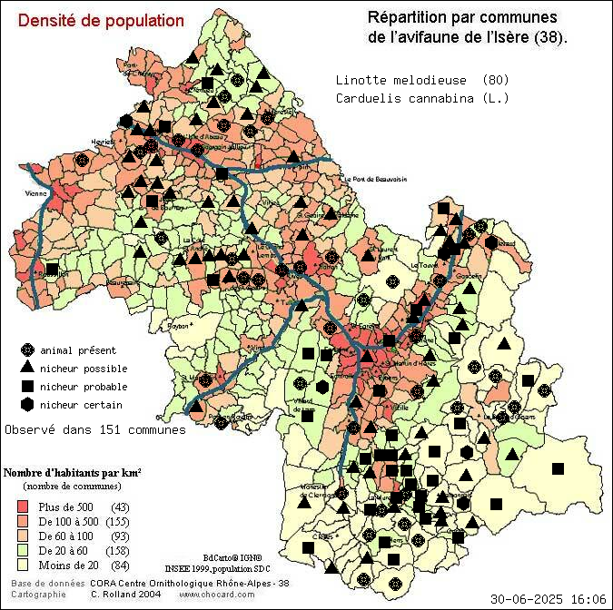 Linotte mlodieuse (Carduelis cannabina (L.)): carte de rpartition en Isre