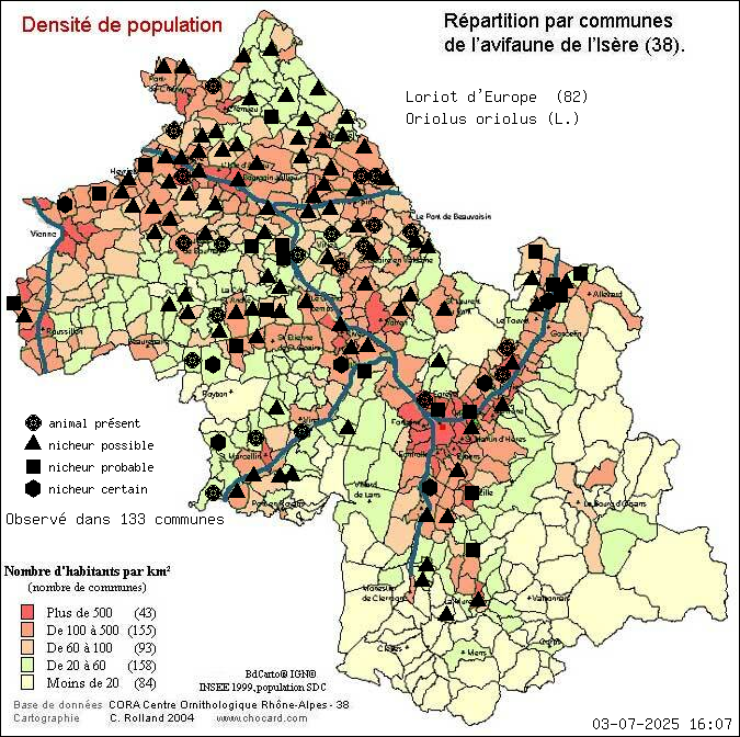 Loriot d Europe (Oriolus oriolus (L.)): carte de rpartition en Isre