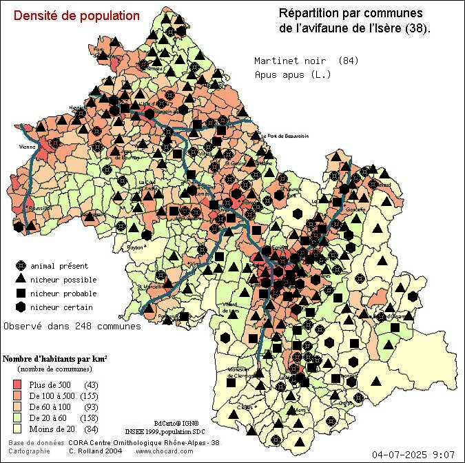 Martinet noir (Apus apus (L.)): carte de rpartition en Isre