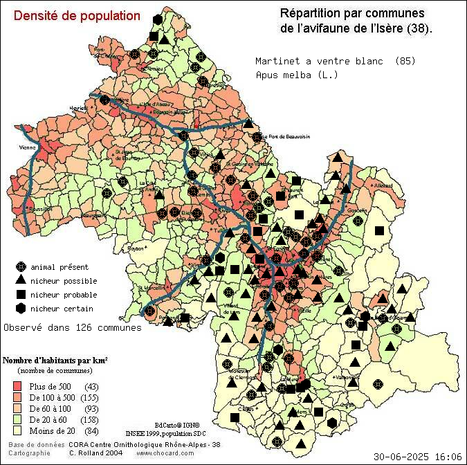 Martinet  ventre blanc (Apus melba (L.)): carte de rpartition en Isre
