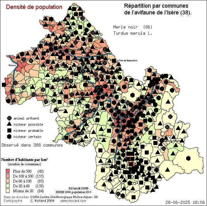 Merle noir (Turdus merula L.): carte de rpartition en Isre