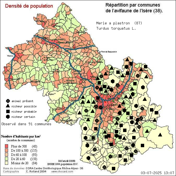 Merle  plastron (Turdus torquatus L.): carte de rpartition en Isre
