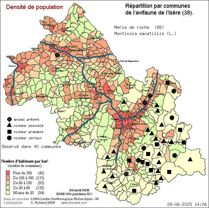 Merle de roche (Monticola saxatillis (L.)): carte de rpartition en Isre