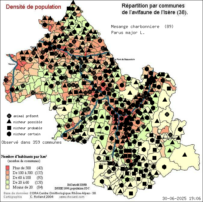 Msange charbonnire (Parus major L.): carte de rpartition en Isre