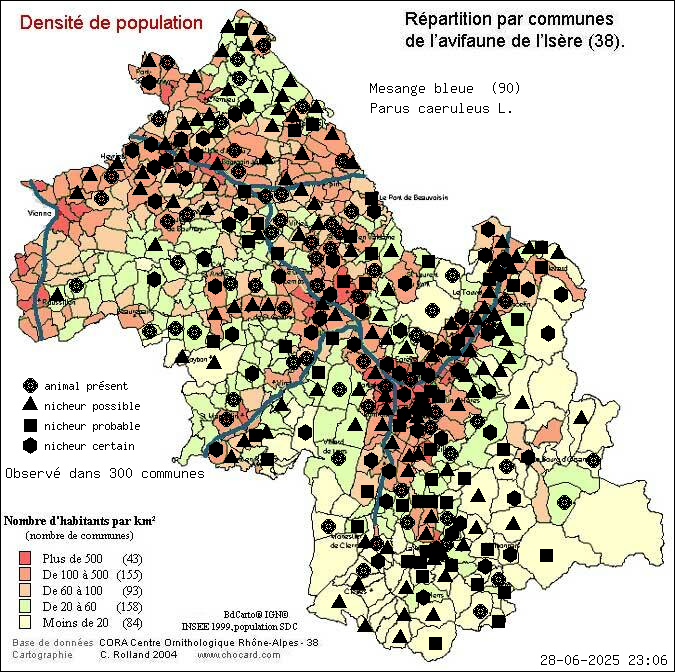 Msange bleue (Parus caeruleus L.): carte de rpartition en Isre