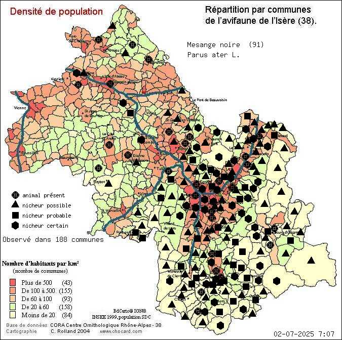 Msange noire (Parus ater L.): carte de rpartition en Isre