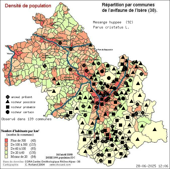 Msange huppe (Parus cristatus L.): carte de rpartition en Isre