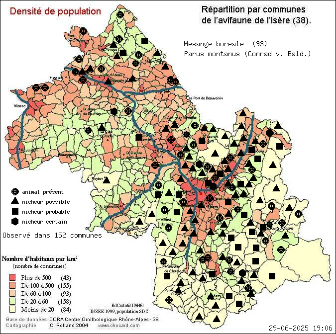 Msange borale (Parus montanus (Conrad v. Bald.)): carte de rpartition en Isre