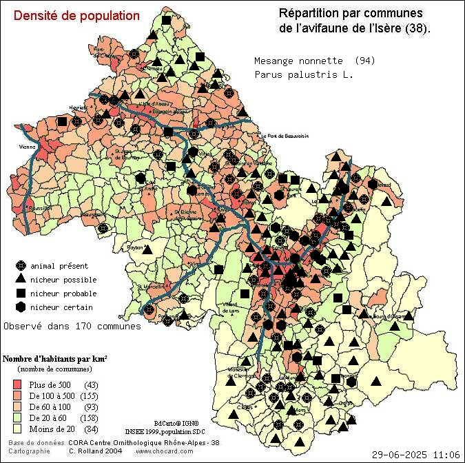 Msange nonnette (Parus palustris L.): carte de rpartition en Isre