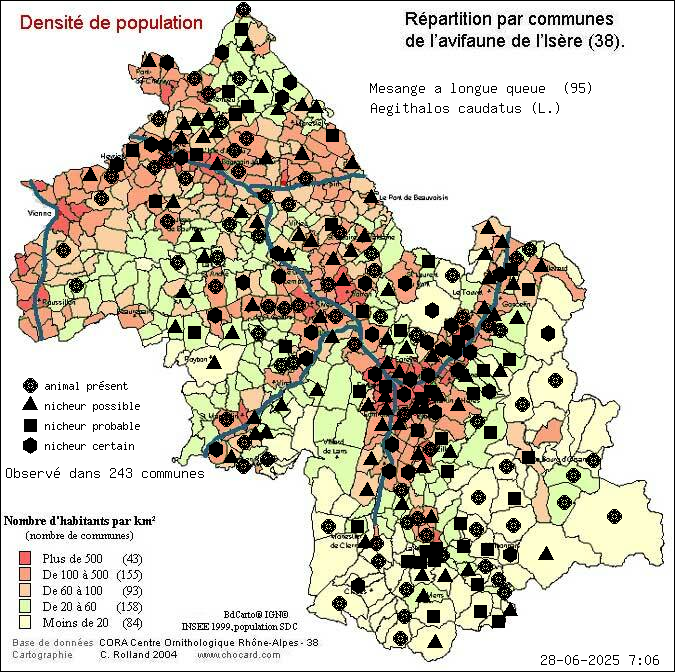 Msange  longue queue (Aegithalos caudatus (L.)): carte de rpartition en Isre
