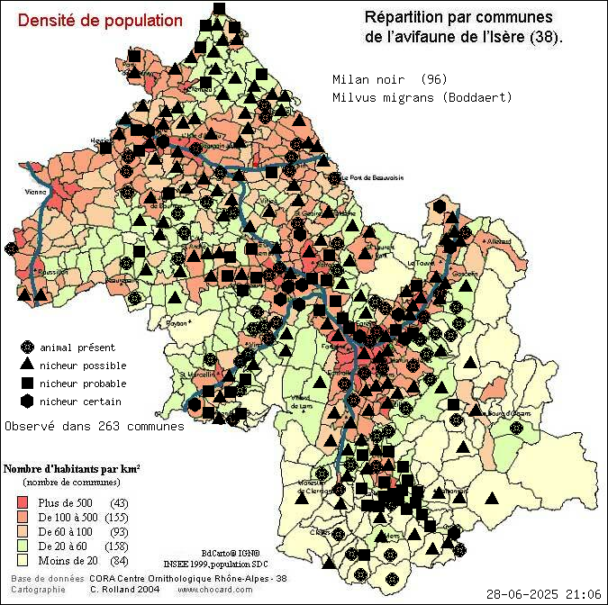 Milan noir (Milvus migrans (Boddaert)): carte de rpartition en Isre