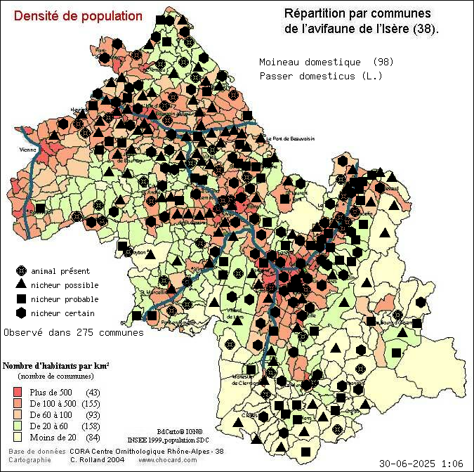 Carte de rpartition par communes en Isre d'une espce d'animal: Moineau domestique (Passer domesticus (L.)) selon Densit de population