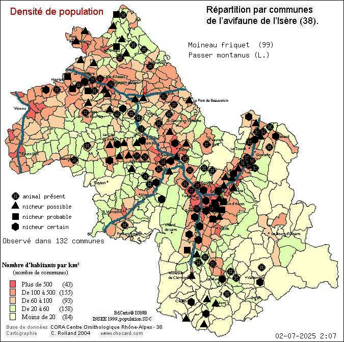 Moineau friquet (Passer montanus (L.)): carte de rpartition en Isre