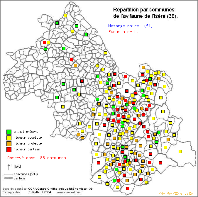 Carte de rpartition par communes en Isre d'une espce d'oiseau: Msange noire (Parus ater L.) selon Communes et cantons