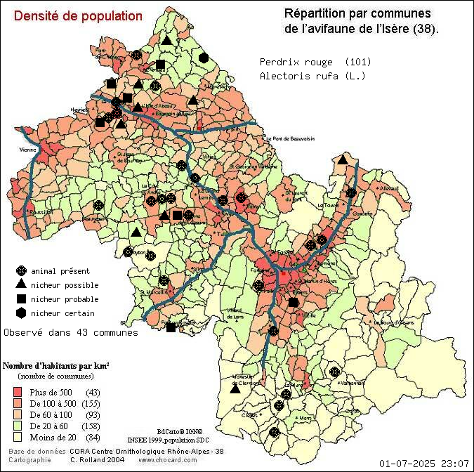 Perdrix rouge (Alectoris rufa (L.)): carte de rpartition en Isre