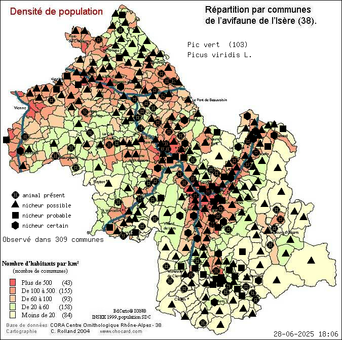 Pic vert (Picus viridis L.): carte de rpartition en Isre