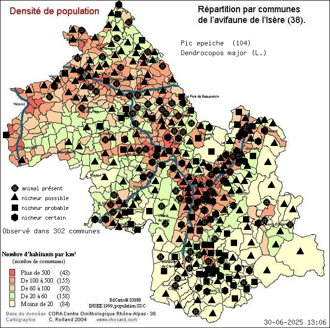 Pic peiche (Dendrocopos major (L.)): carte de rpartition en Isre
