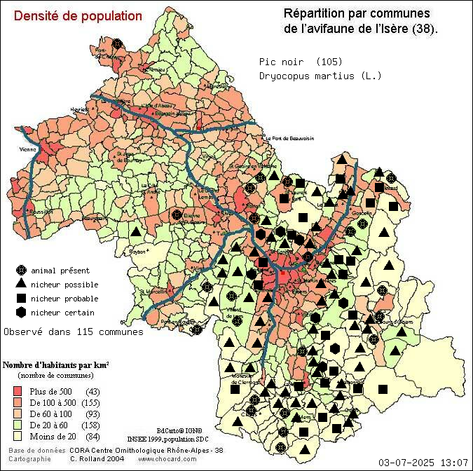 Pic noir (Dryocopus martius (L.)): carte de rpartition en Isre