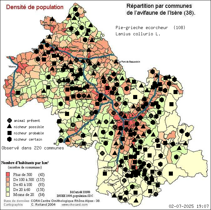 Carte de rpartition par communes en Isre d'une espce d'animal: Pie-griche corcheur (Lanius collurio L.) selon Densit de population