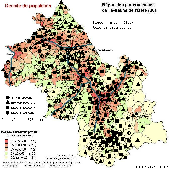 Carte de rpartition par communes en Isre d'une espce d'animal: Pigeon ramier (Colomba palumbus L.) selon Densit de population